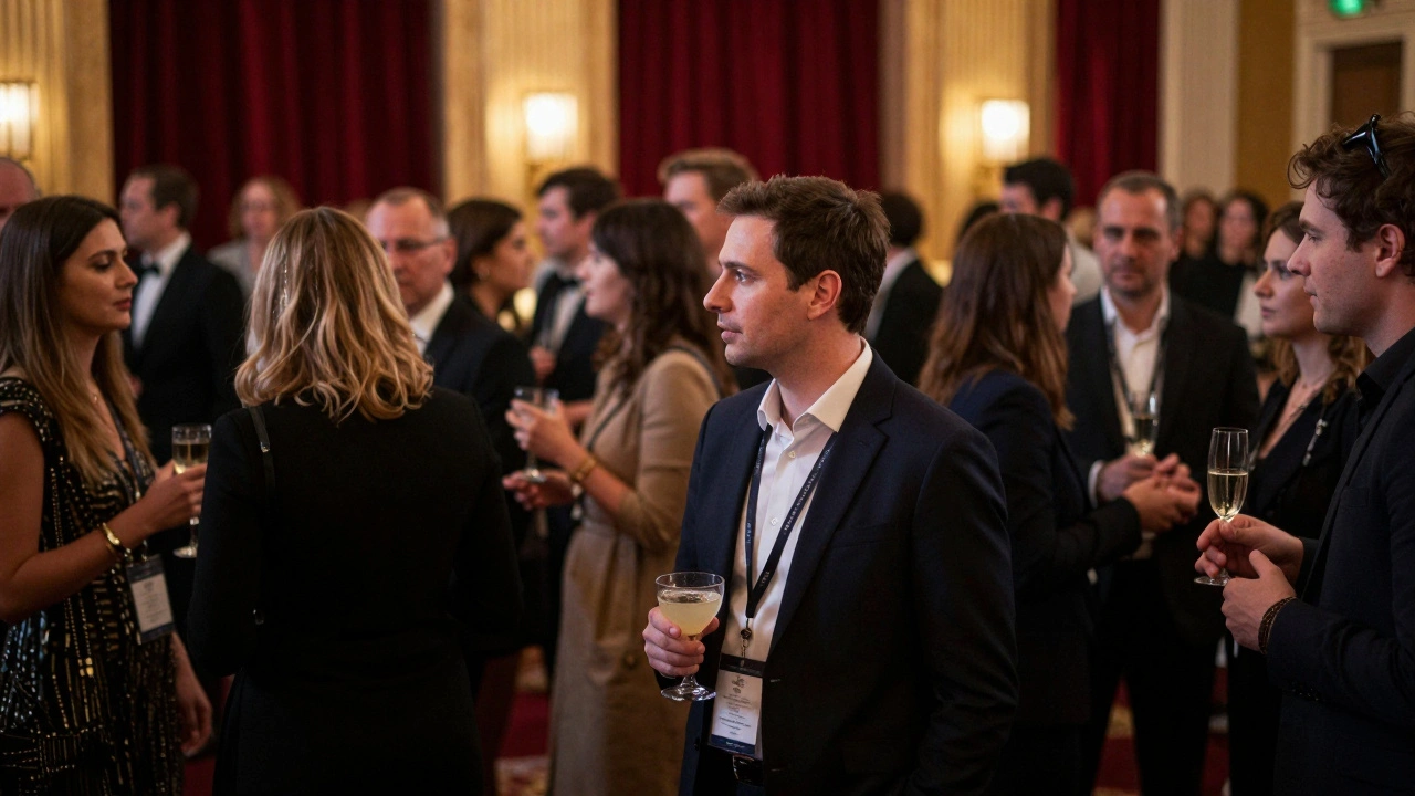 Filmmaker networking at crowded festival cocktail party