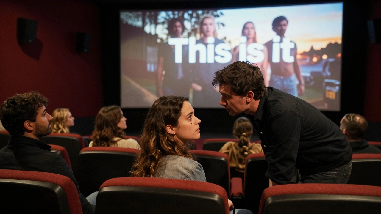Filmmakers in a screening room captivated by a film’s emotional climax on a large screen.