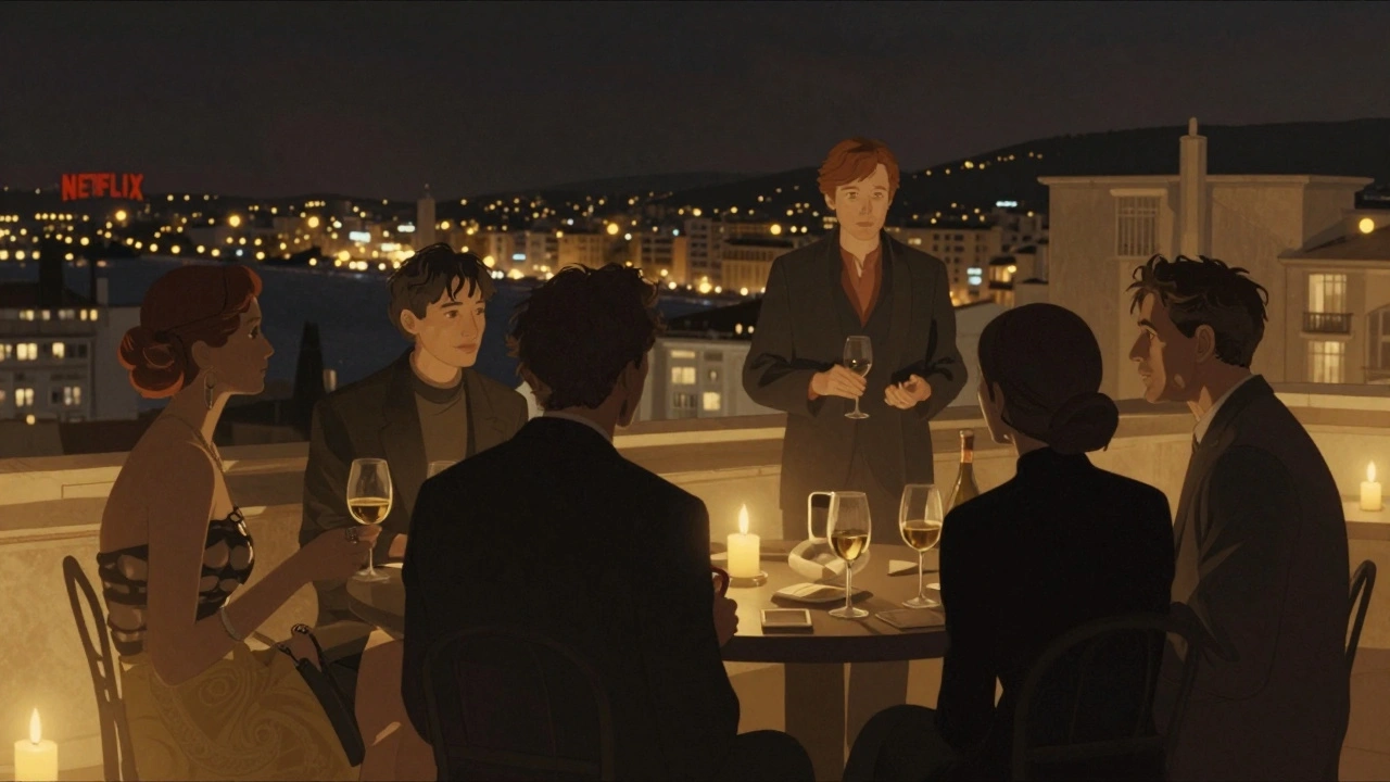 Filmmakers network at a Cannes rooftop party under soft lights, with the Palais des Festivals in the distance.