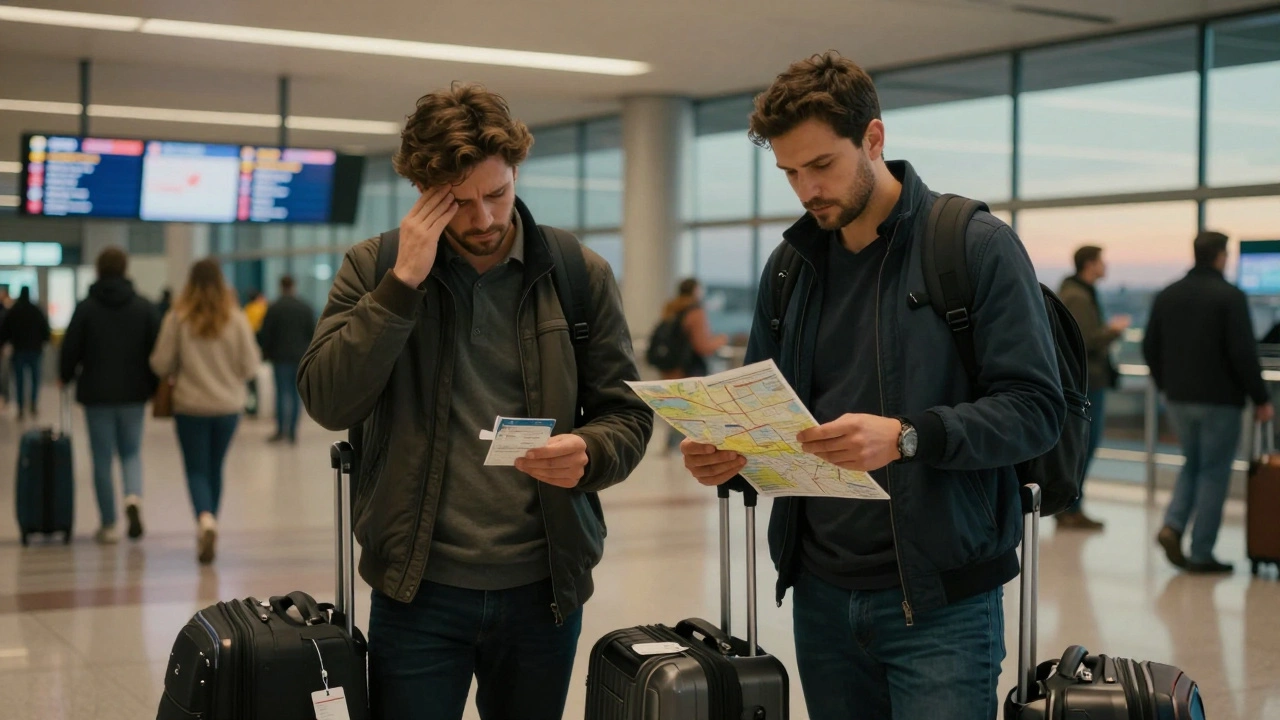 Filmmakers with luggage in busy airport terminal