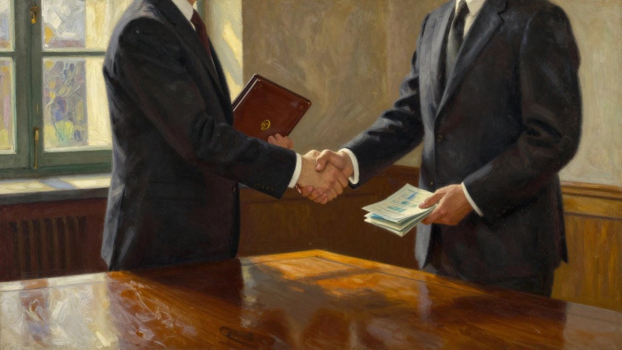 Firm handshake over wooden desk during successful business meeting.