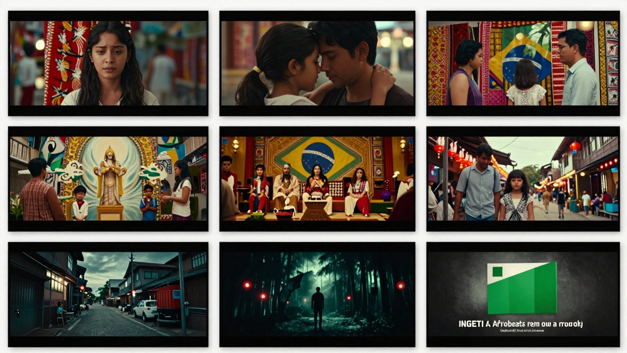 Five different trailers for the same movie playing on screens across cultures, each tailored to local emotional themes and visual styles.