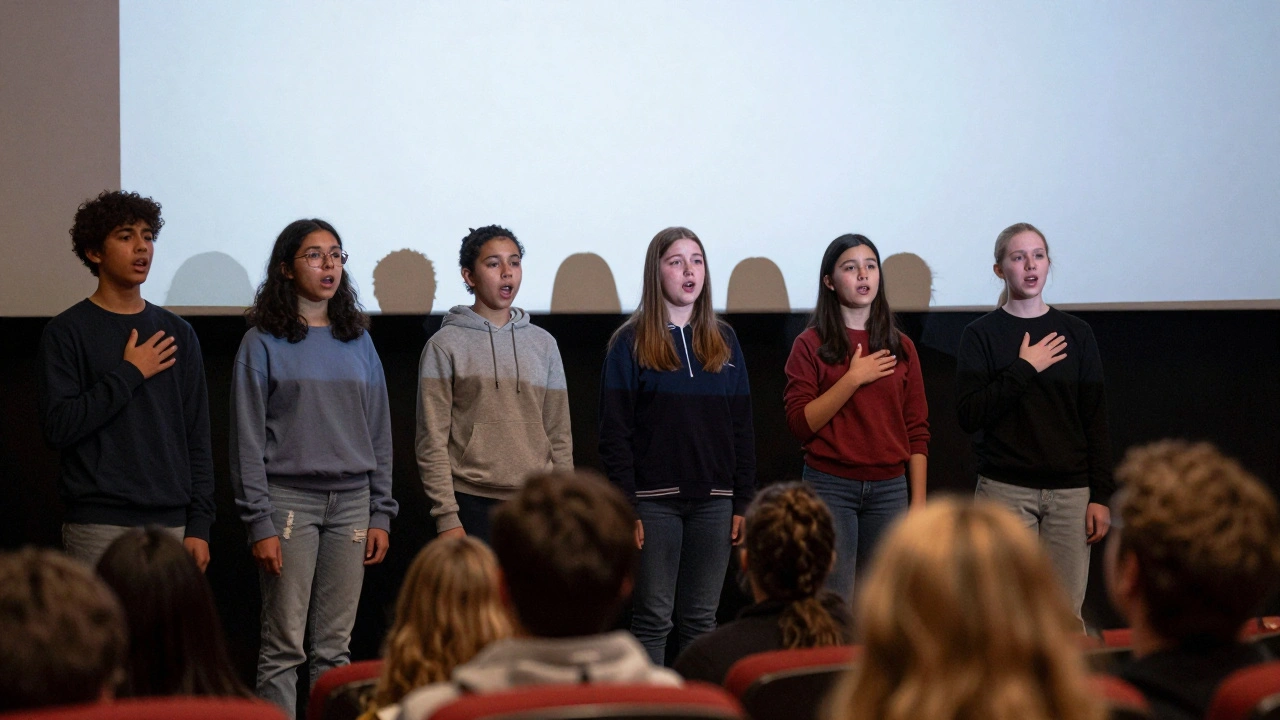 Five high school students singing live after a documentary screening, the audience standing in silent, moved reverence.