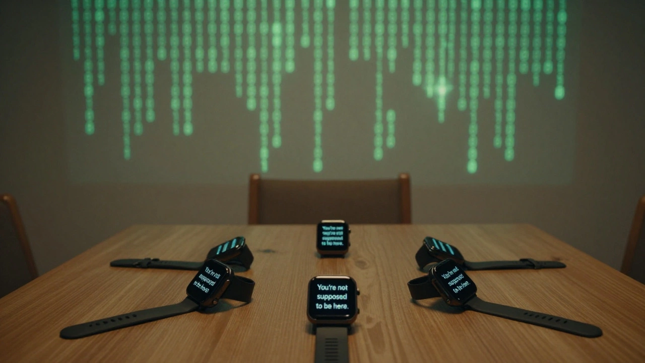 Five smartwatches vibrate in sync in a cabin, while binary code scrolls like a heartbeat on a wall.