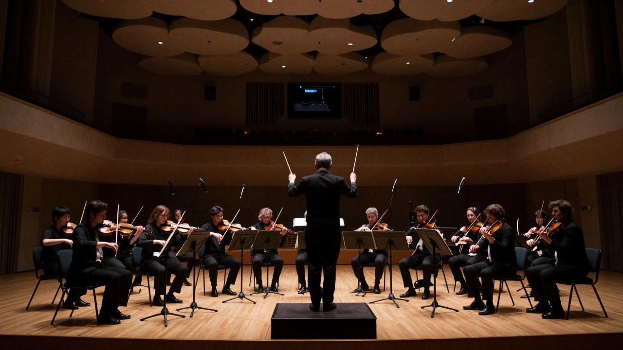 Full orchestra recording in large studio hall