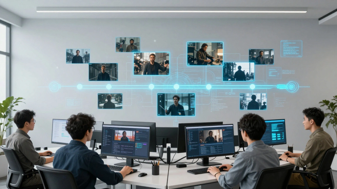 Global team of VFX artists reviewing digital film frames on holographic interfaces in a modern collaborative space.