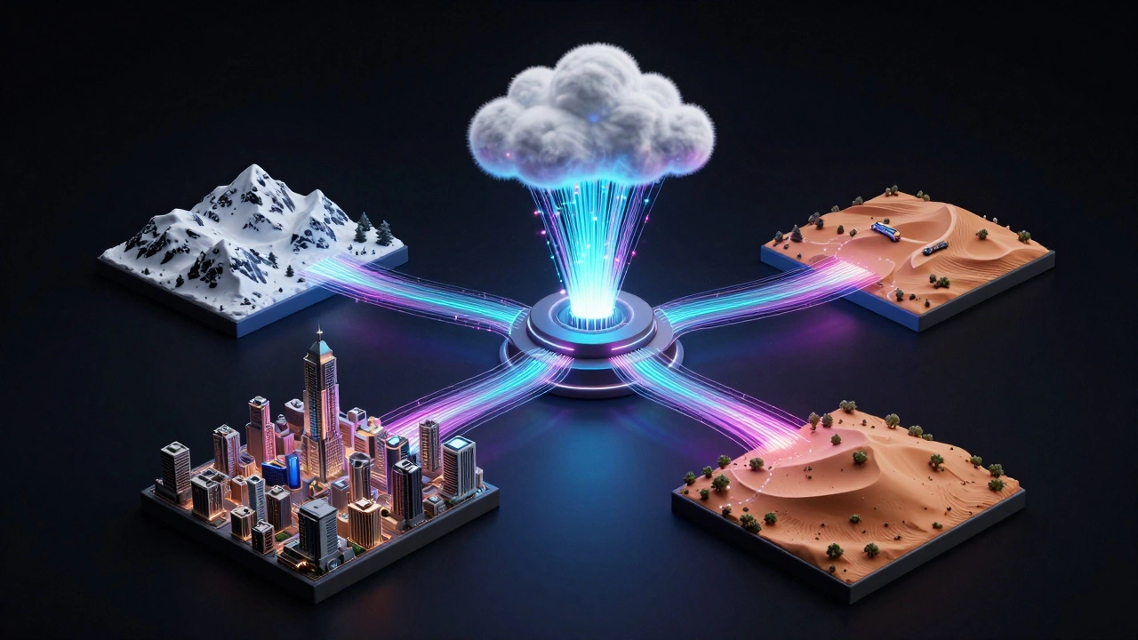 Glowing digital network connecting film studios across landscapes.