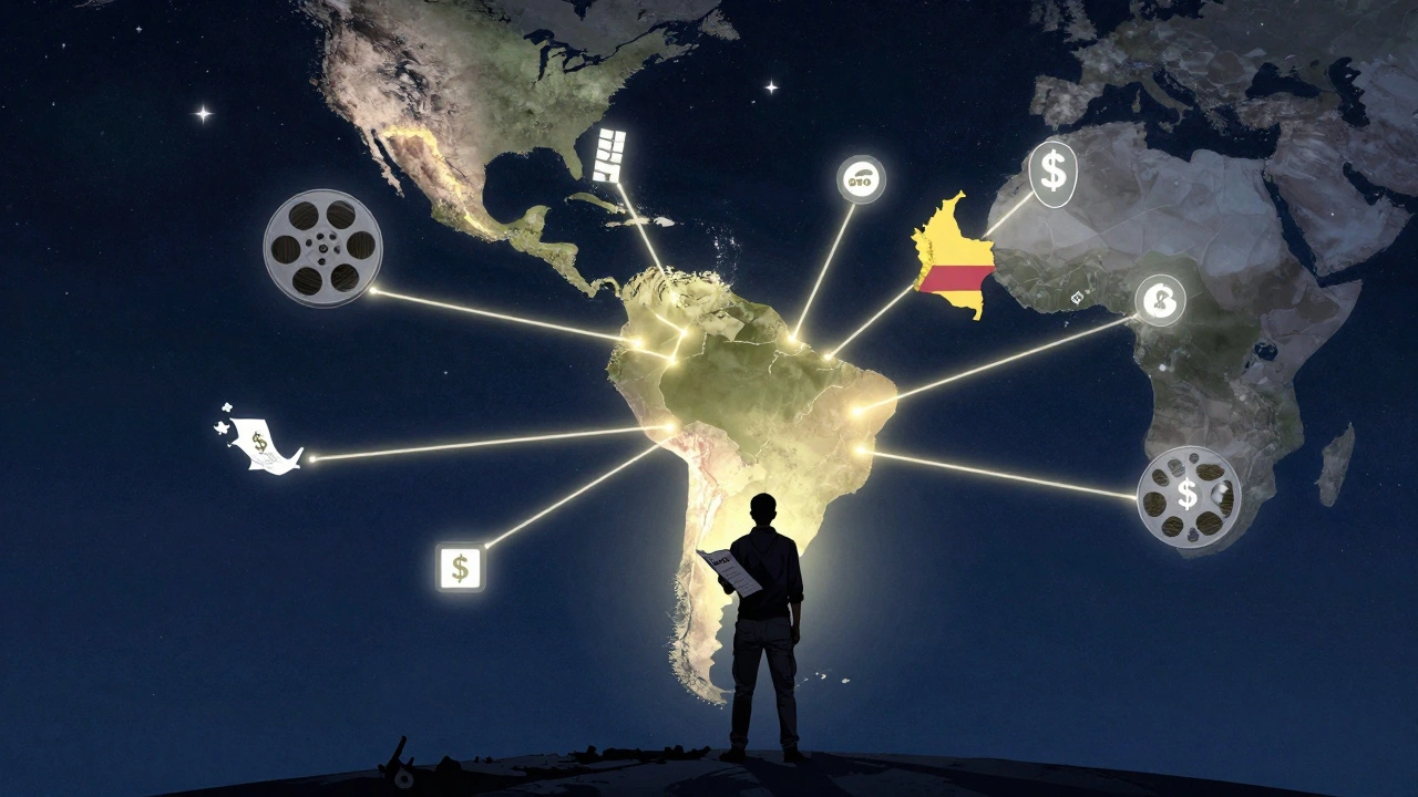 Glowing map connecting Latin American and European countries with film and funding icons, symbolizing co-production treaties.