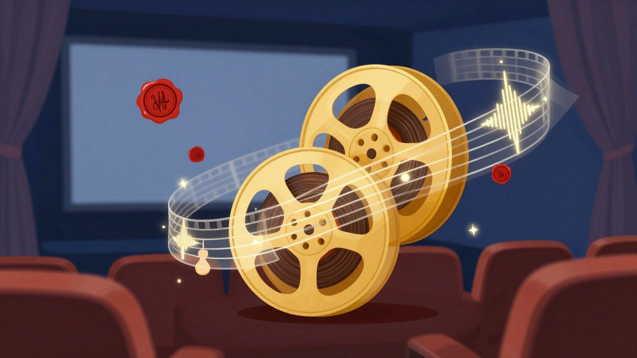 Golden film strip intertwined with musical notes