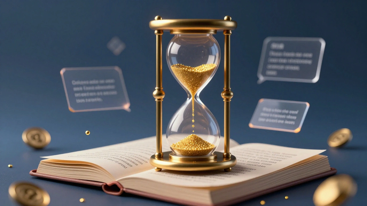 Golden hourglass resting atop stacked movie script pages in dim room.