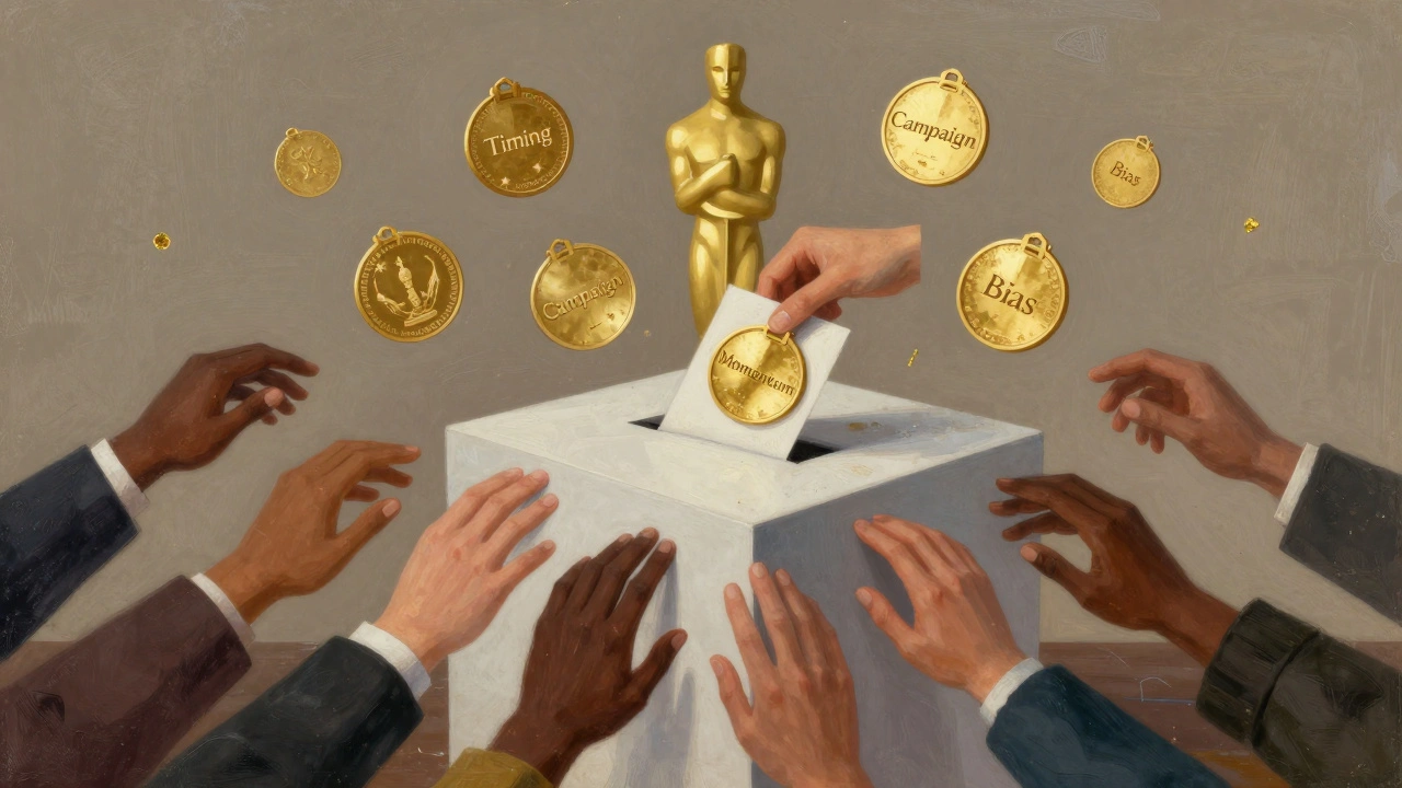 Golden Oscars floating above a ballot box marked with voting influences, surrounded by diverse hands reaching out.