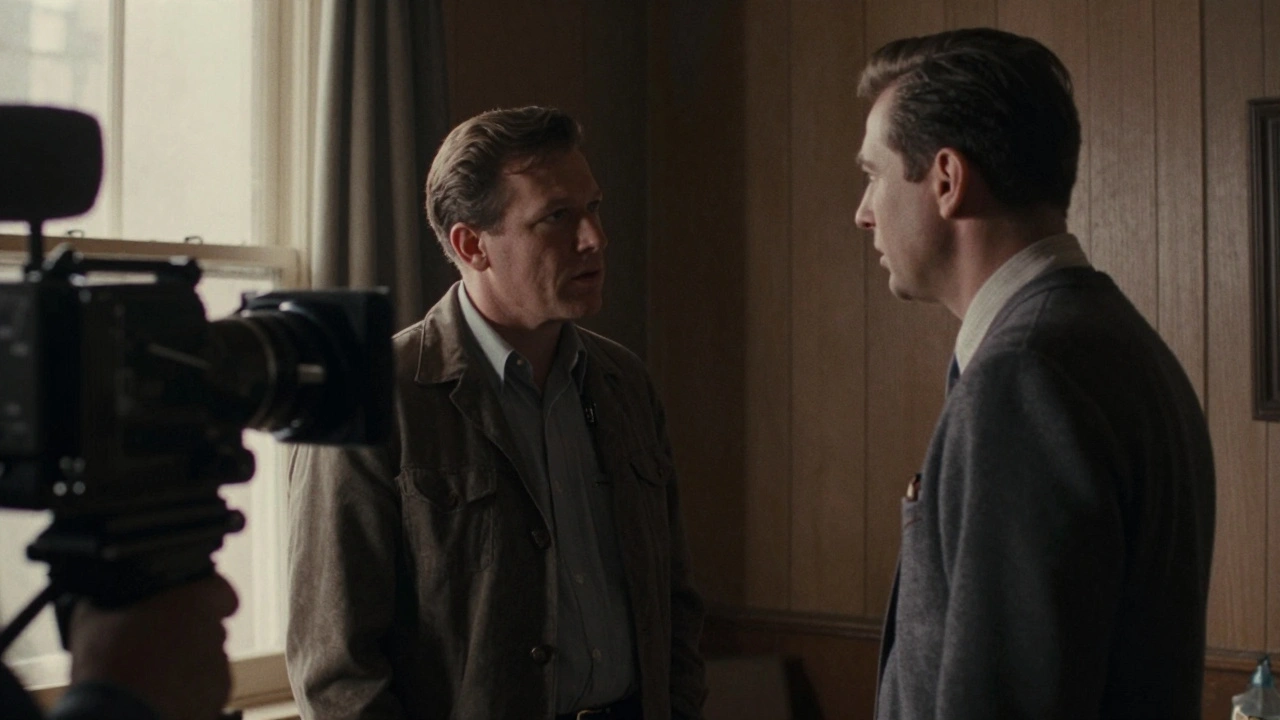 Grainy photo of two men in tense conversation observed by a handheld camera in a dim room.