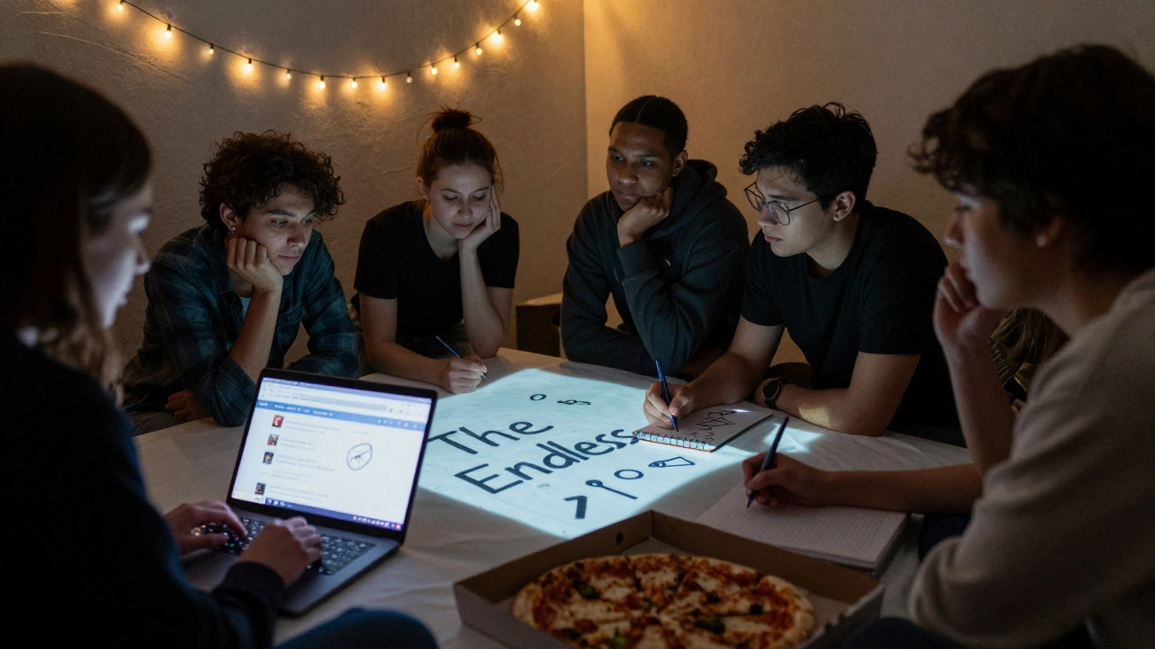 Group in a basement watching a film on a sheet, discussing theories with glowing laptop light.