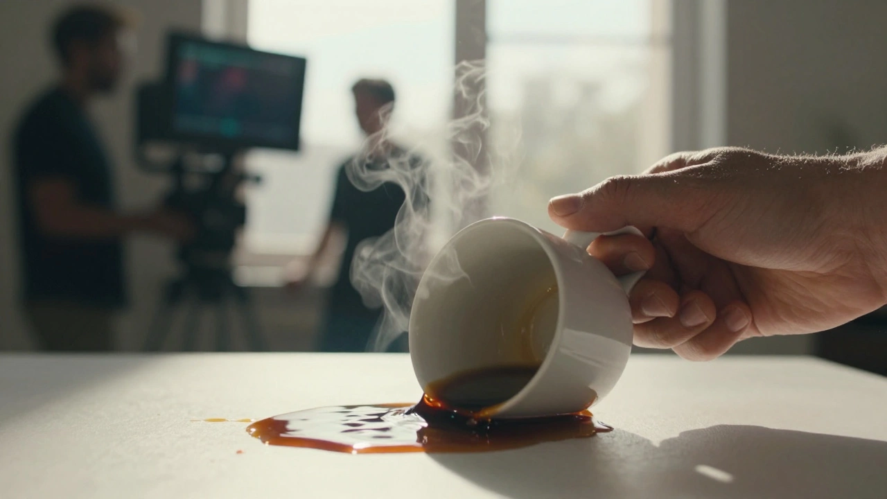 Hand spilling coffee mug in dramatic close-up shot