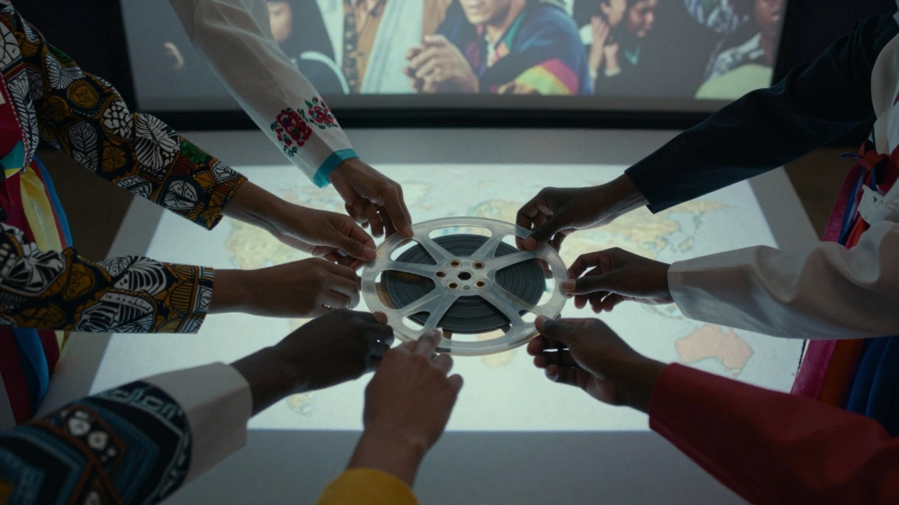 Hands from around the world placing a film reel into a glowing projection booth.