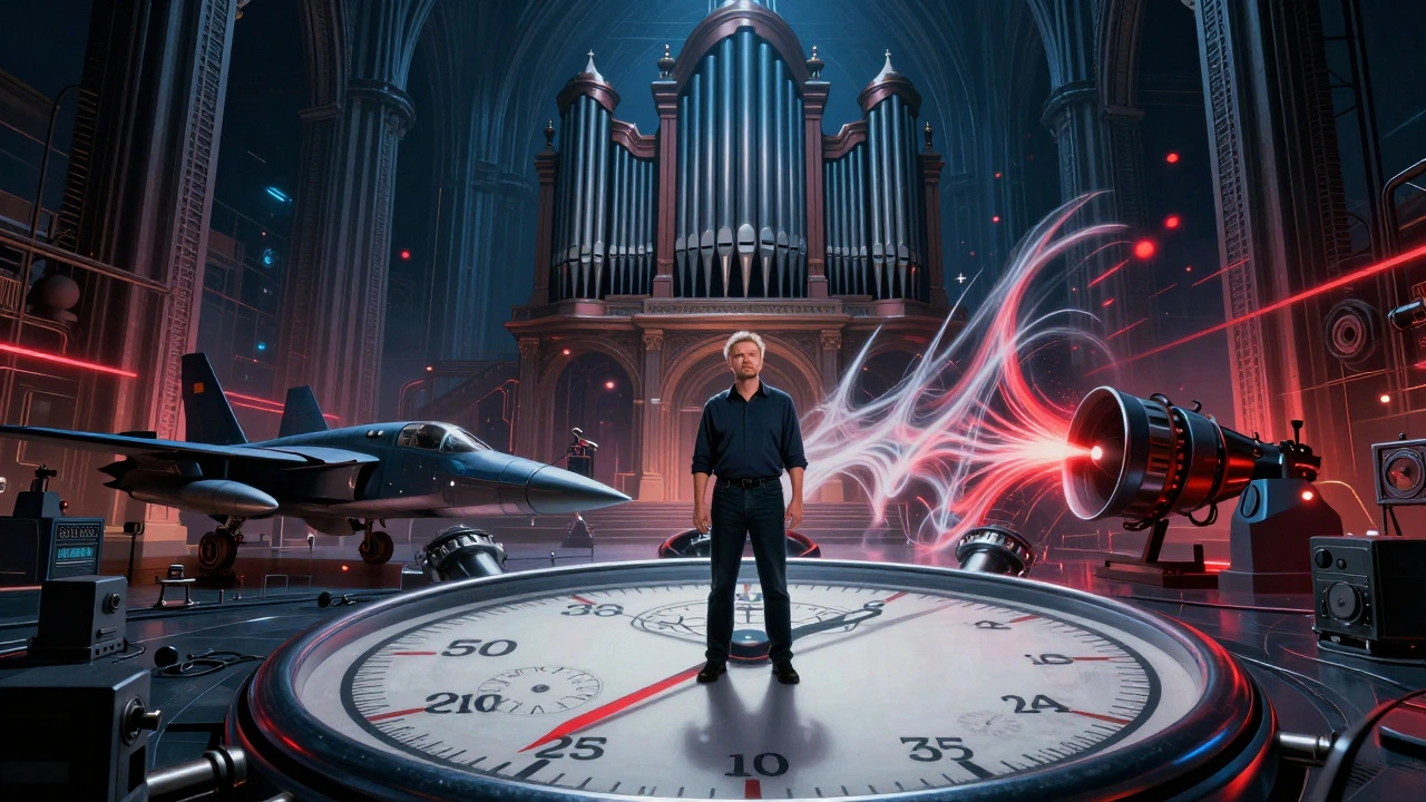 Hans Zimmer in a soundscape of ticking stopwatch, pipe organs, and jet engine drones.