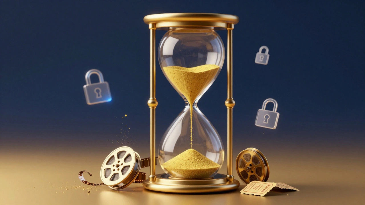 Hourglass made of film reels fading away into particles