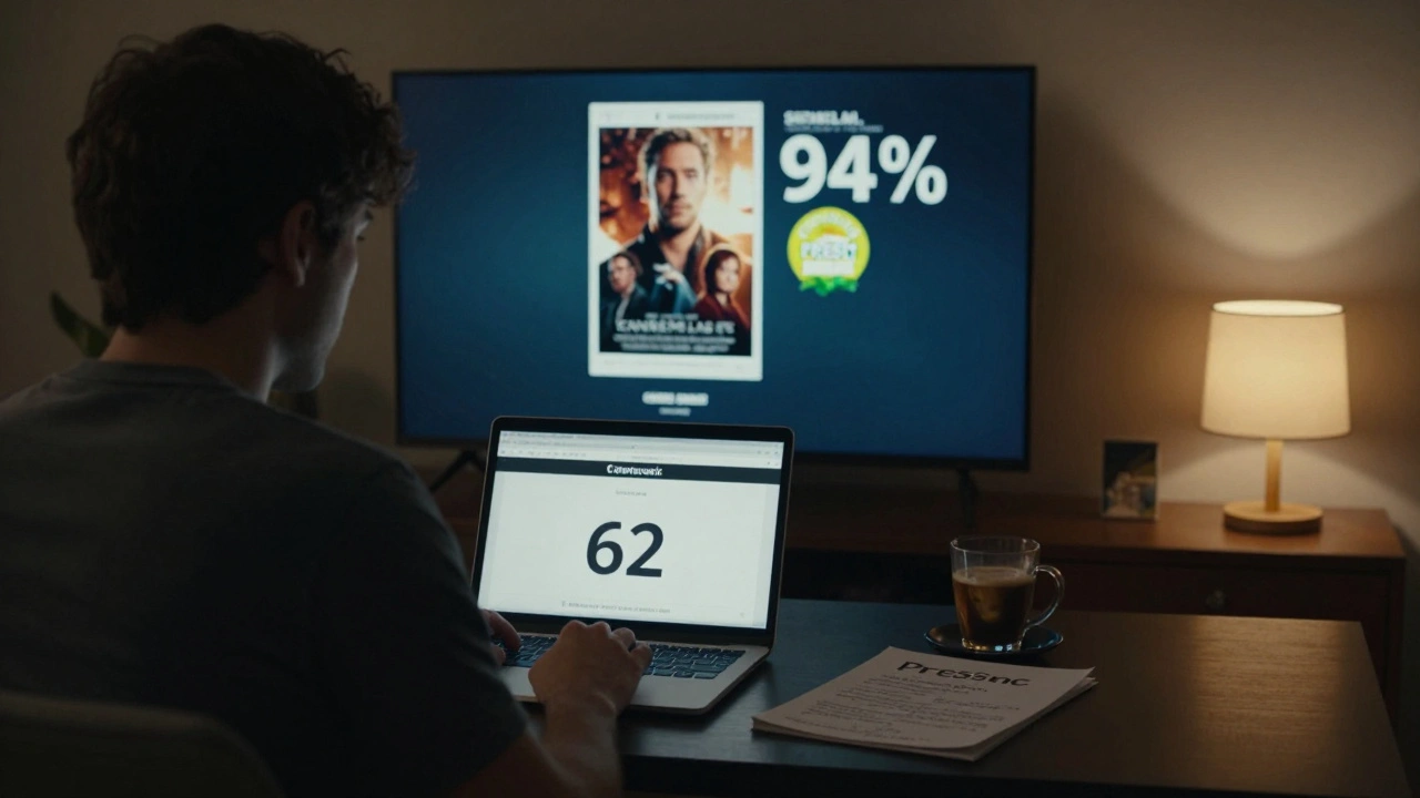 Indie filmmaker staring at a low critic score while a studio film's promotional poster glows on a TV.
