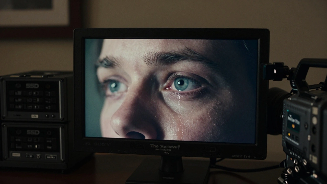 Indie filmmaker watching an 8K close-up of an actor's eye, tear reflecting screen light.