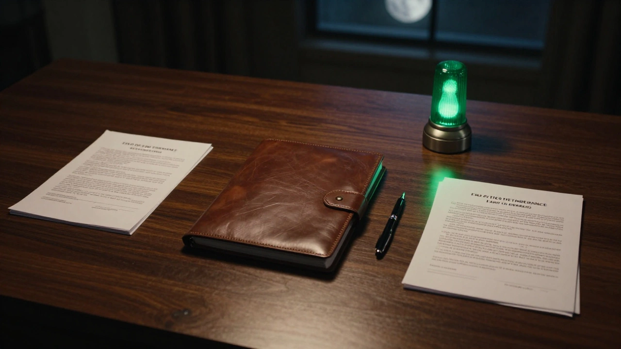 Leather portfolio and green signal lamp on desk.