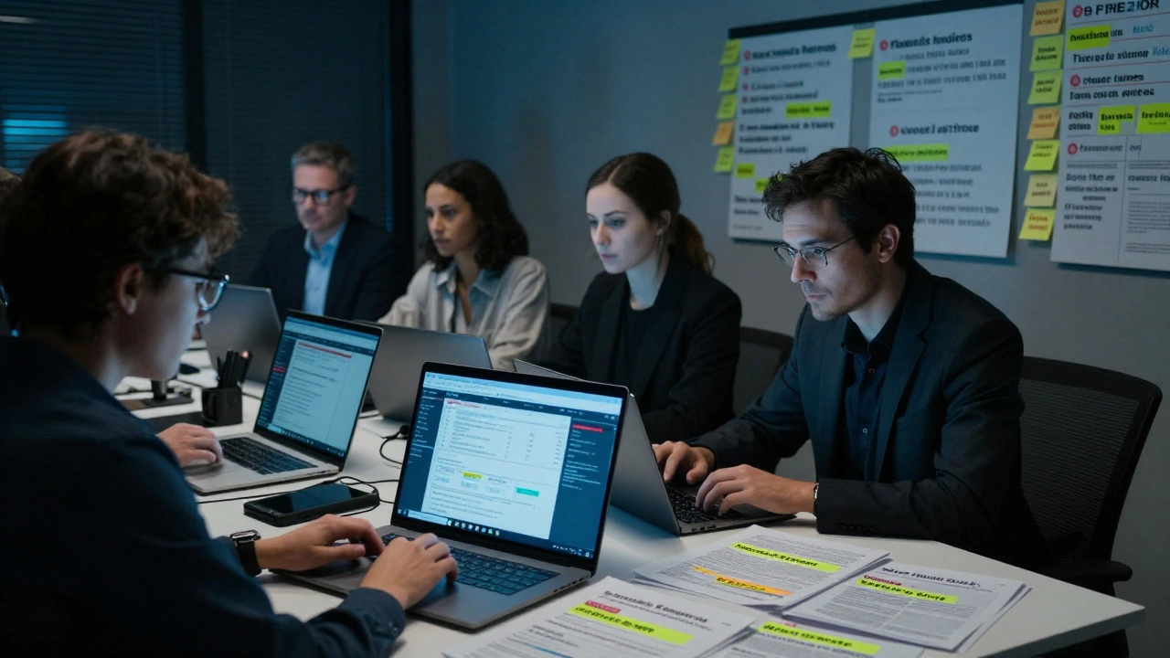 Marketing team analyzing film review scores on multiple monitors in a dim room.