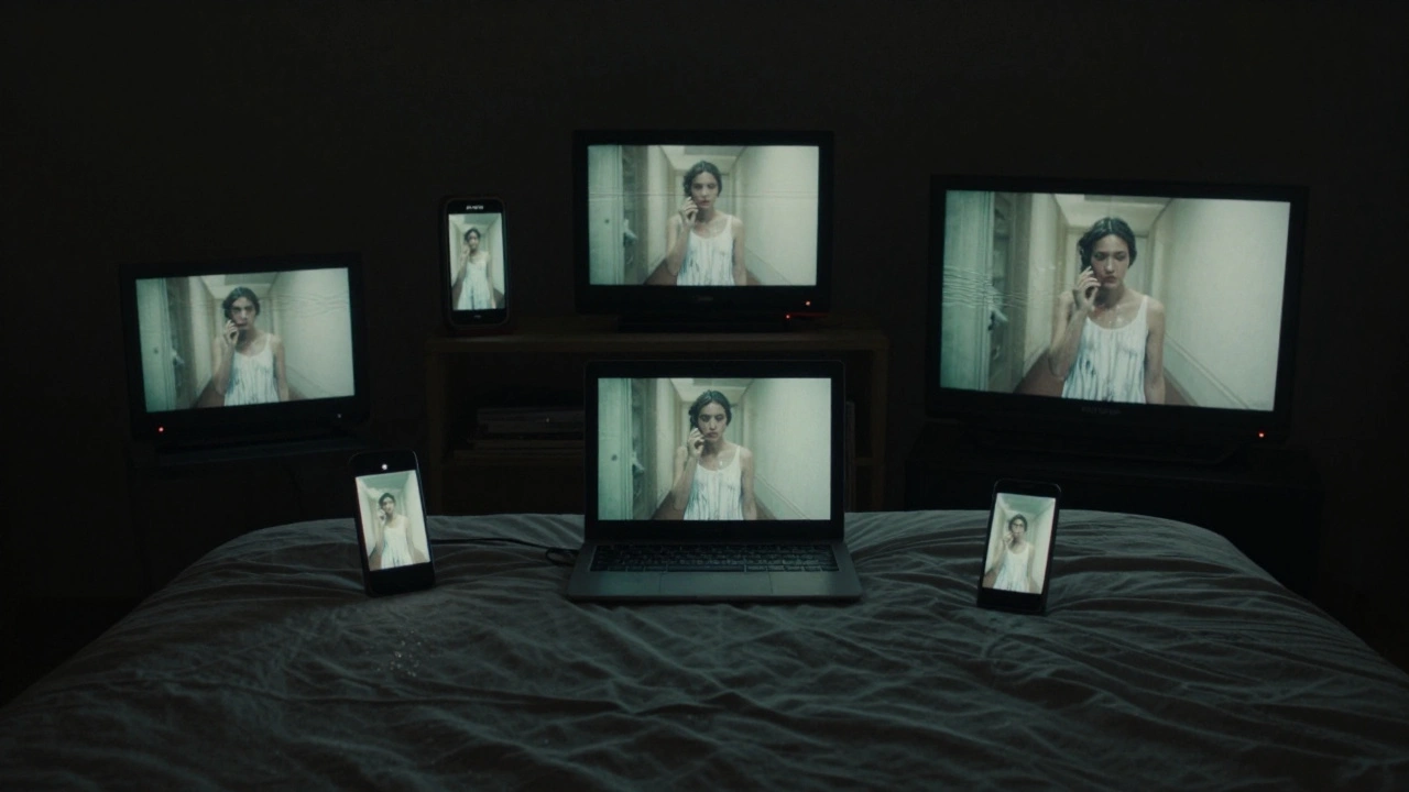Multiple screens display a whispering woman in a hallway, an empty bed beside them.