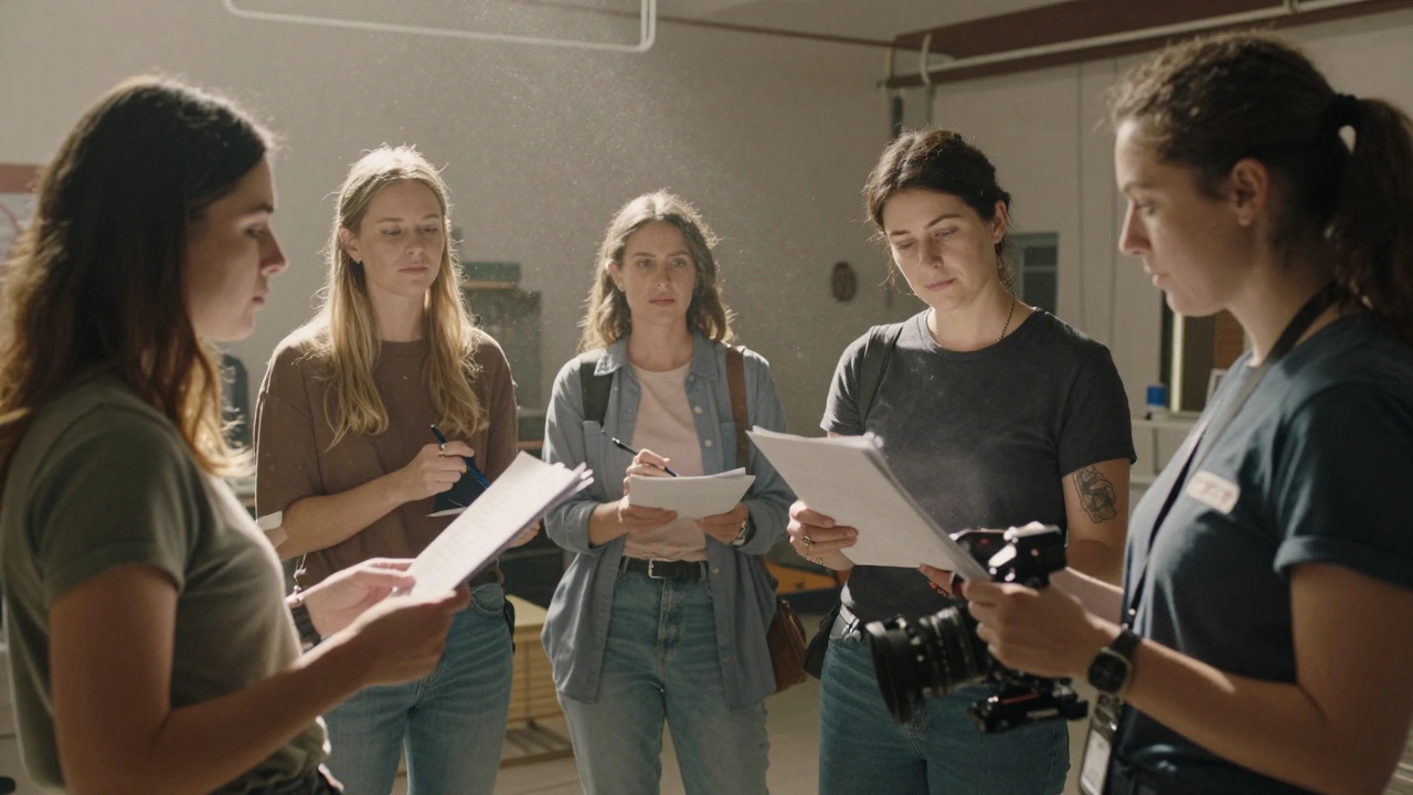 Multiple women working cooperatively on a film set during production.