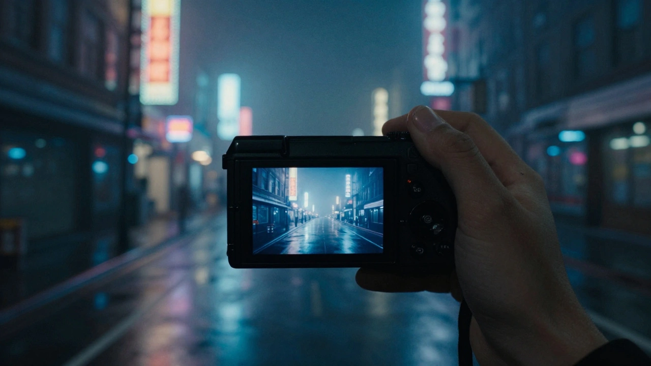 Nighttime city street filmed handheld with fog and neon reflections.