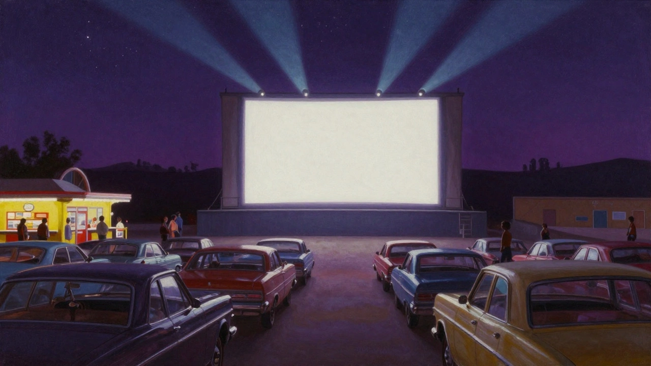 Nighttime drive-in theater with cars and screen