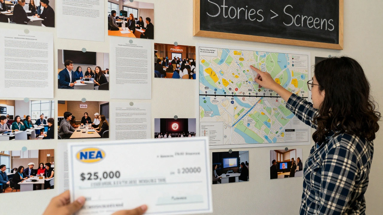 Nonprofit office wall displaying grant successes and community film events.
