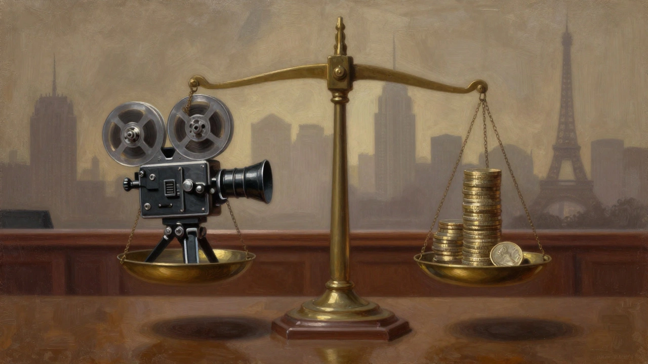Oil painting of a scale balancing a movie camera against silver coins.