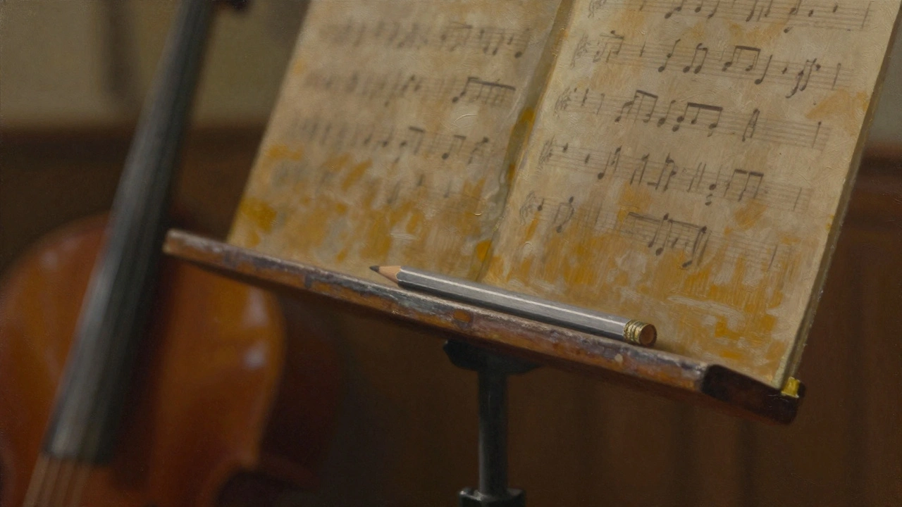 Pencil resting on wooden music stand ledge