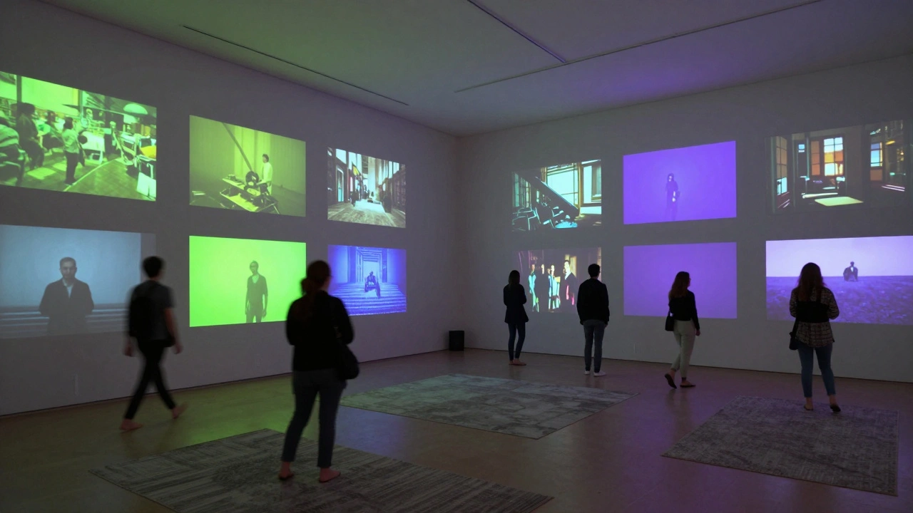 People wandering through a multi-screen gallery where twelve artist films play simultaneously, each with distinct colors and ambient sound.