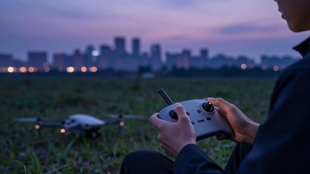 Pilot holding controller with city skyline background at dusk