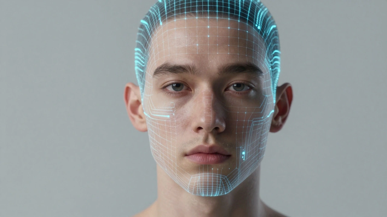Portrait of an actor with half their face rendered as a digital wireframe mesh.
