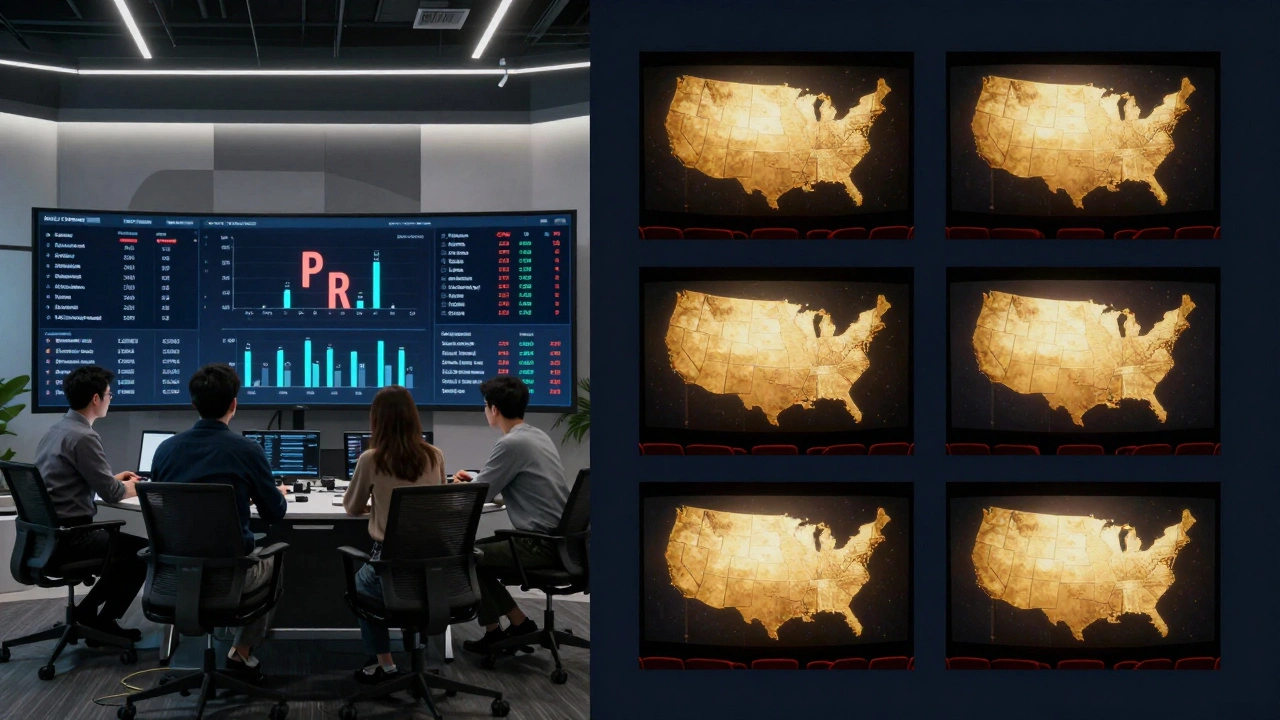 PR team monitoring real-time data dashboard while film screenings occur across multiple U.S. cities.