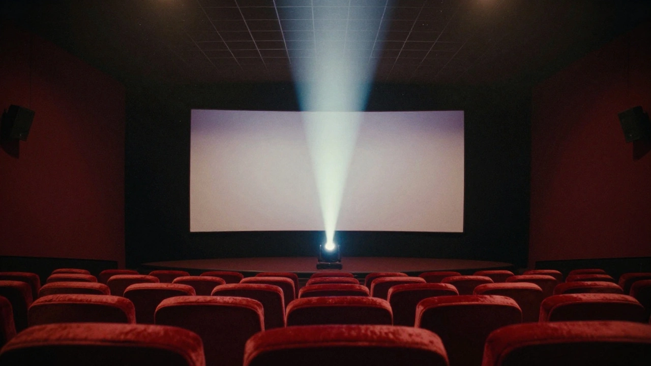 Projector beam shining on a cinema screen in a dark theater.