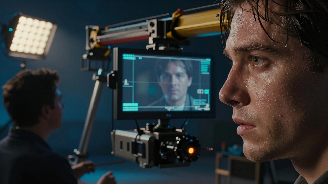 Robotic crane capturing an intimate actor's close-up with digital focus assist on monitor.