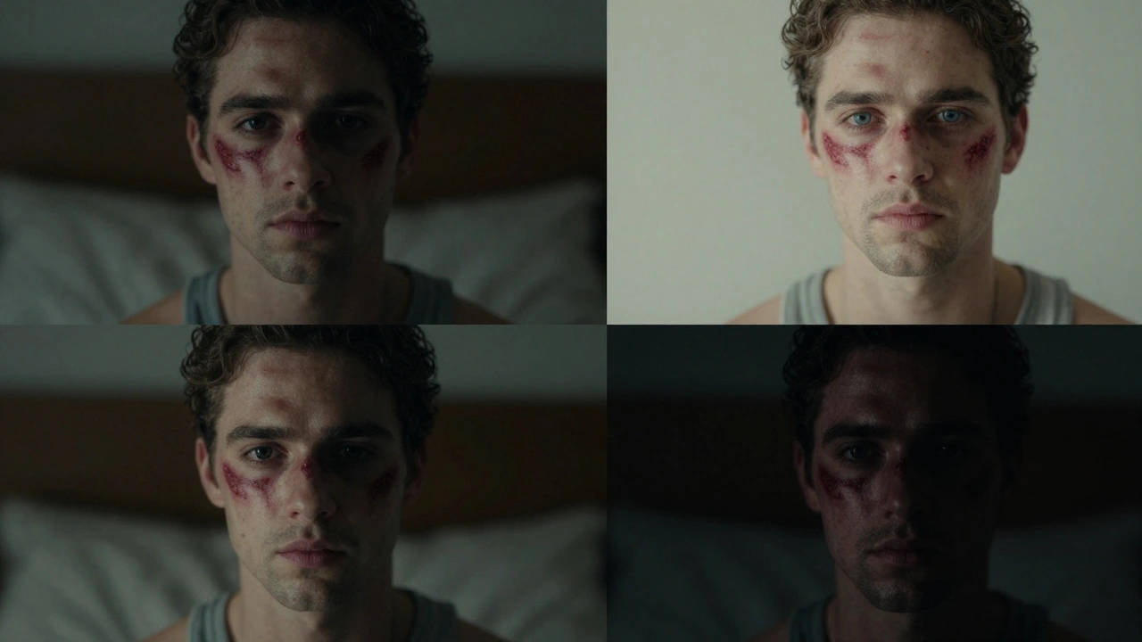 Same character shown across three scenes with consistent scar placement despite different lighting and settings.