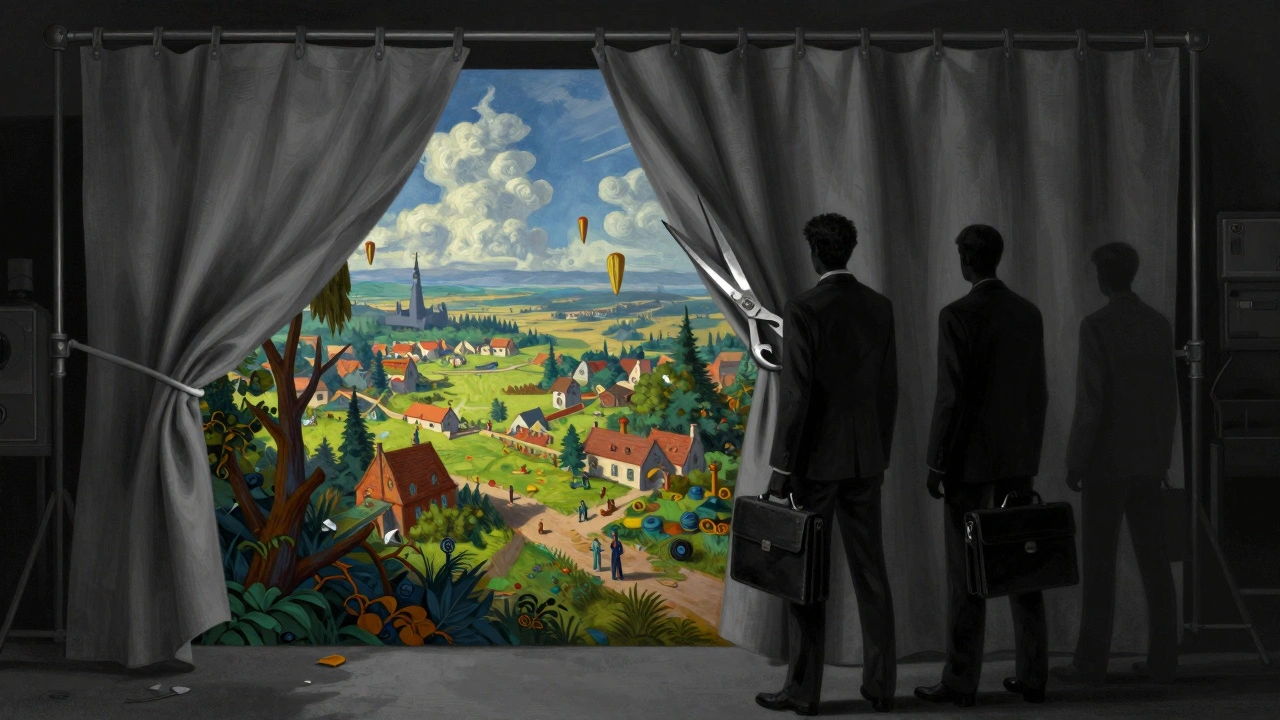 Shadowy suits covering vibrant painting with grey curtain.