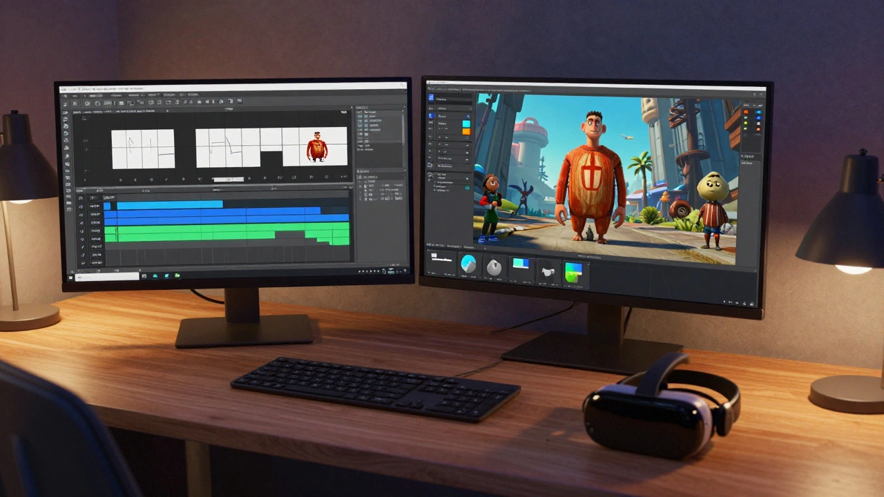 Side-by-side comparison of traditional animation timeline and live Unreal Engine viewport in a modern studio.