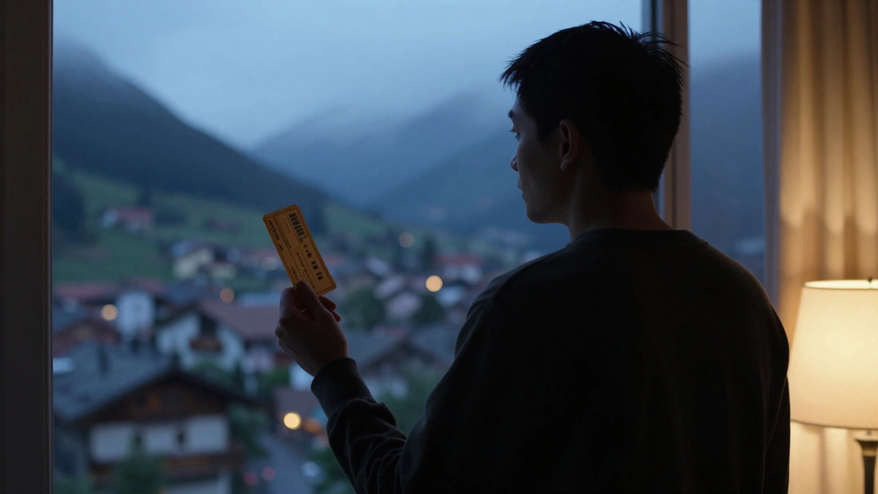 Silhouette of a person holding a ticket looking out a window at a dusky mountain town.