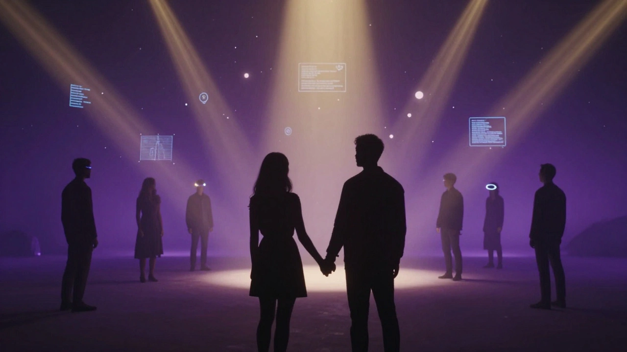 Silhouette of people using VR headsets in a futuristic cinema environment.