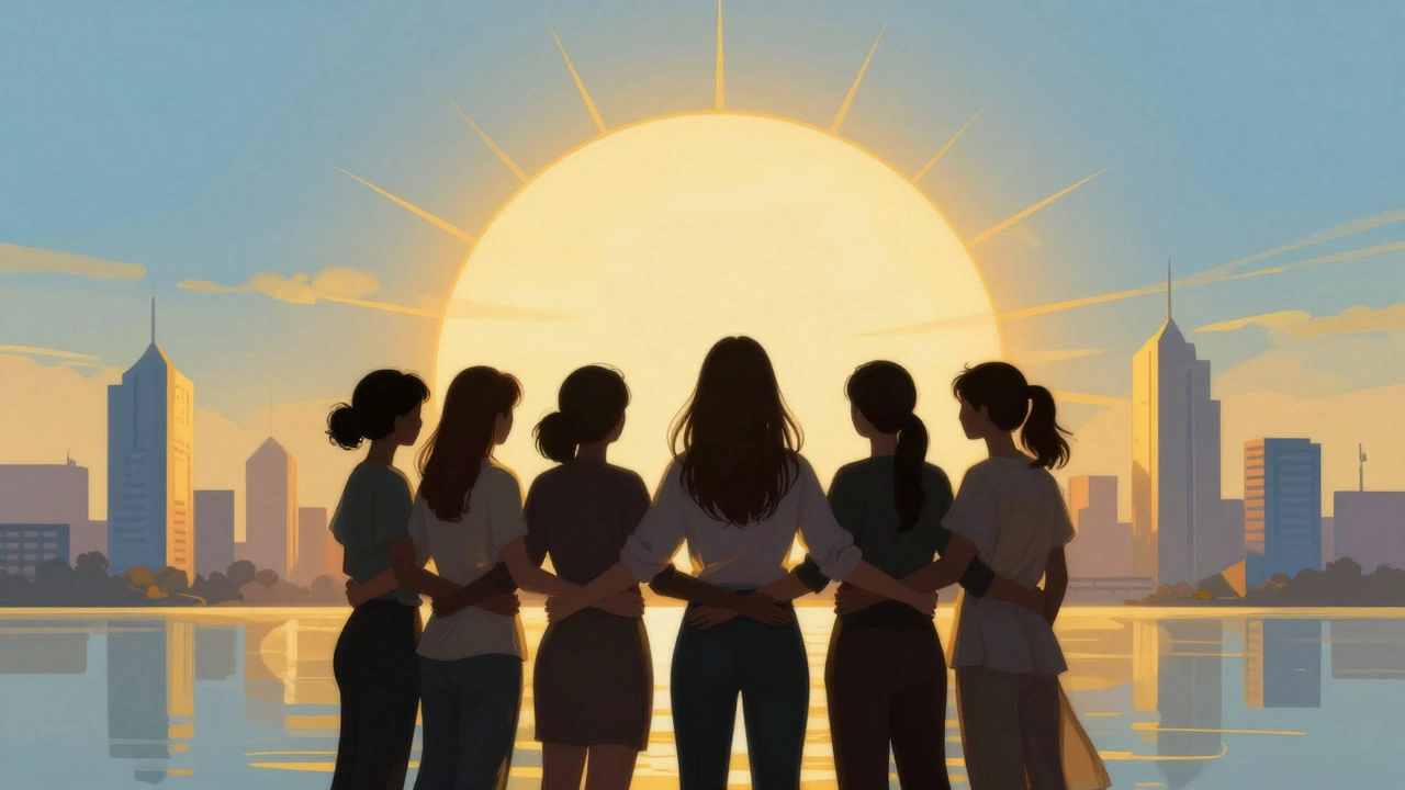 Silhouettes of women forming a circle against a sunrise city skyline.
