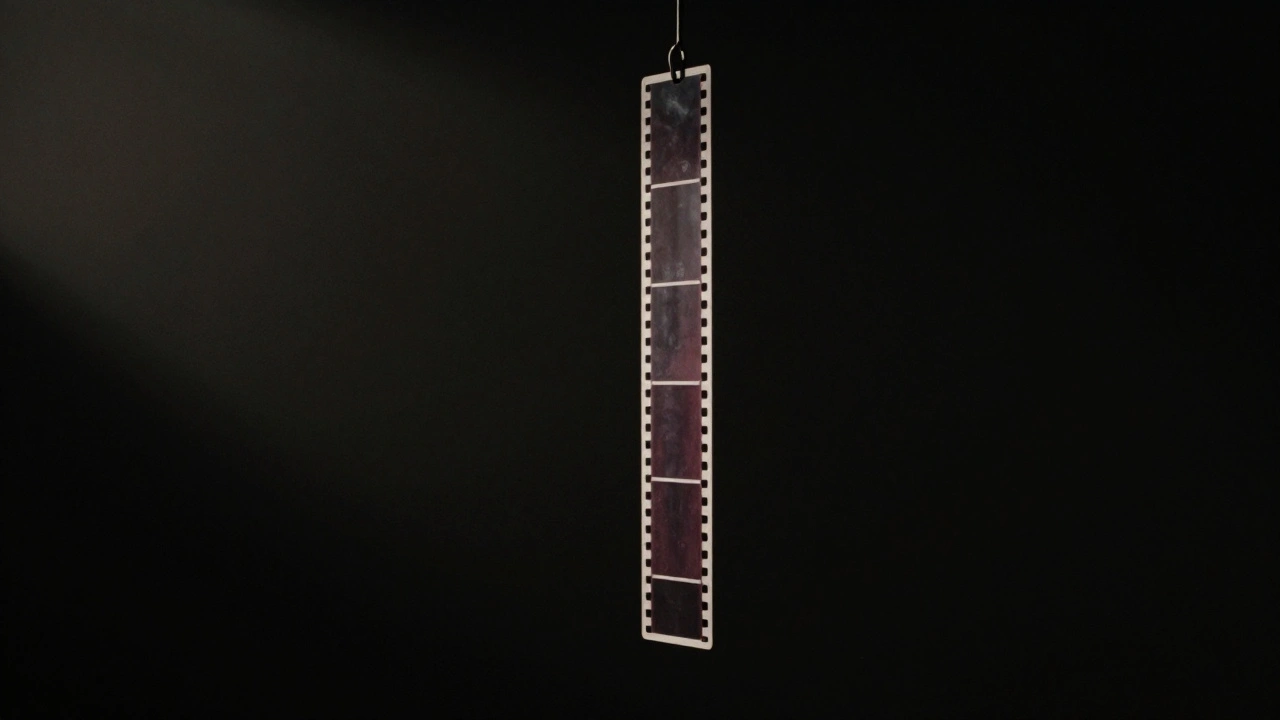 Single film strip hanging in darkness illuminated by one beam of light.