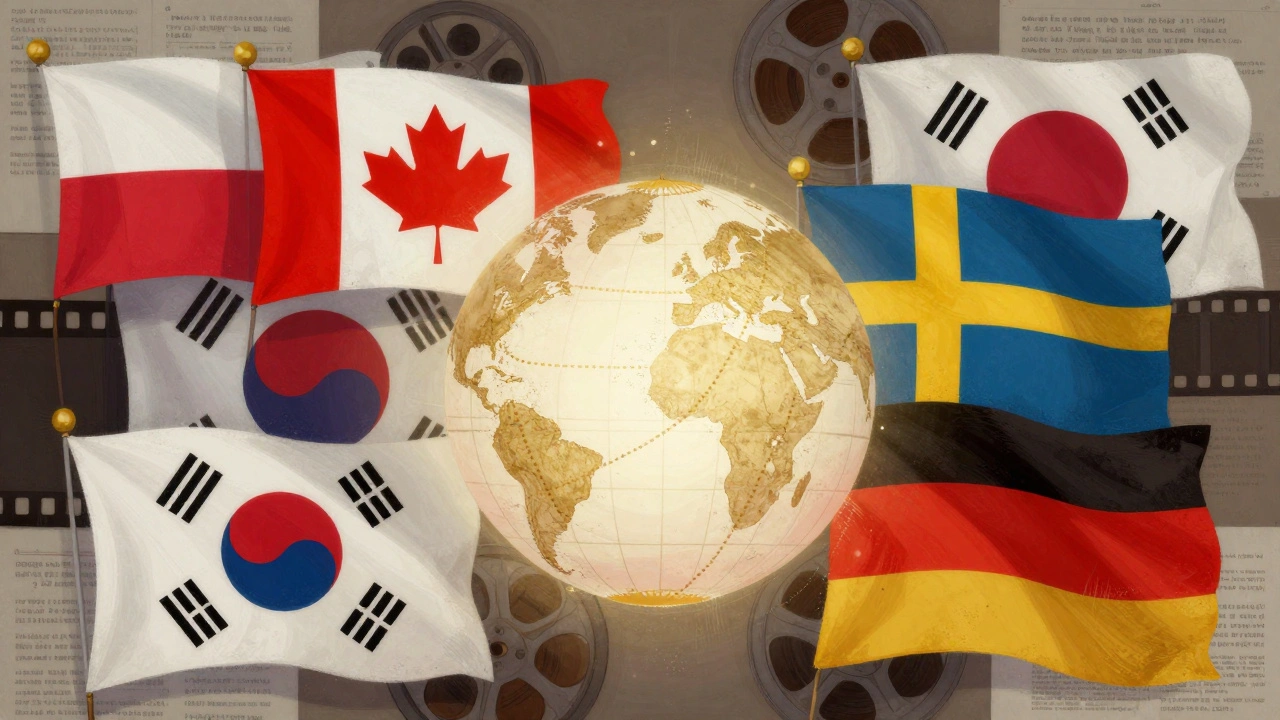 Six national flags merging into film reels and legal documents, symbolizing international co-production treaties.