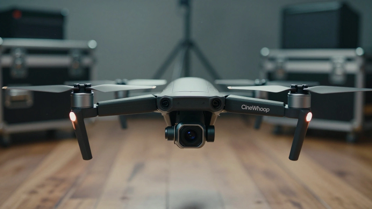 Small cine whoop drone with prop guards hovering indoors