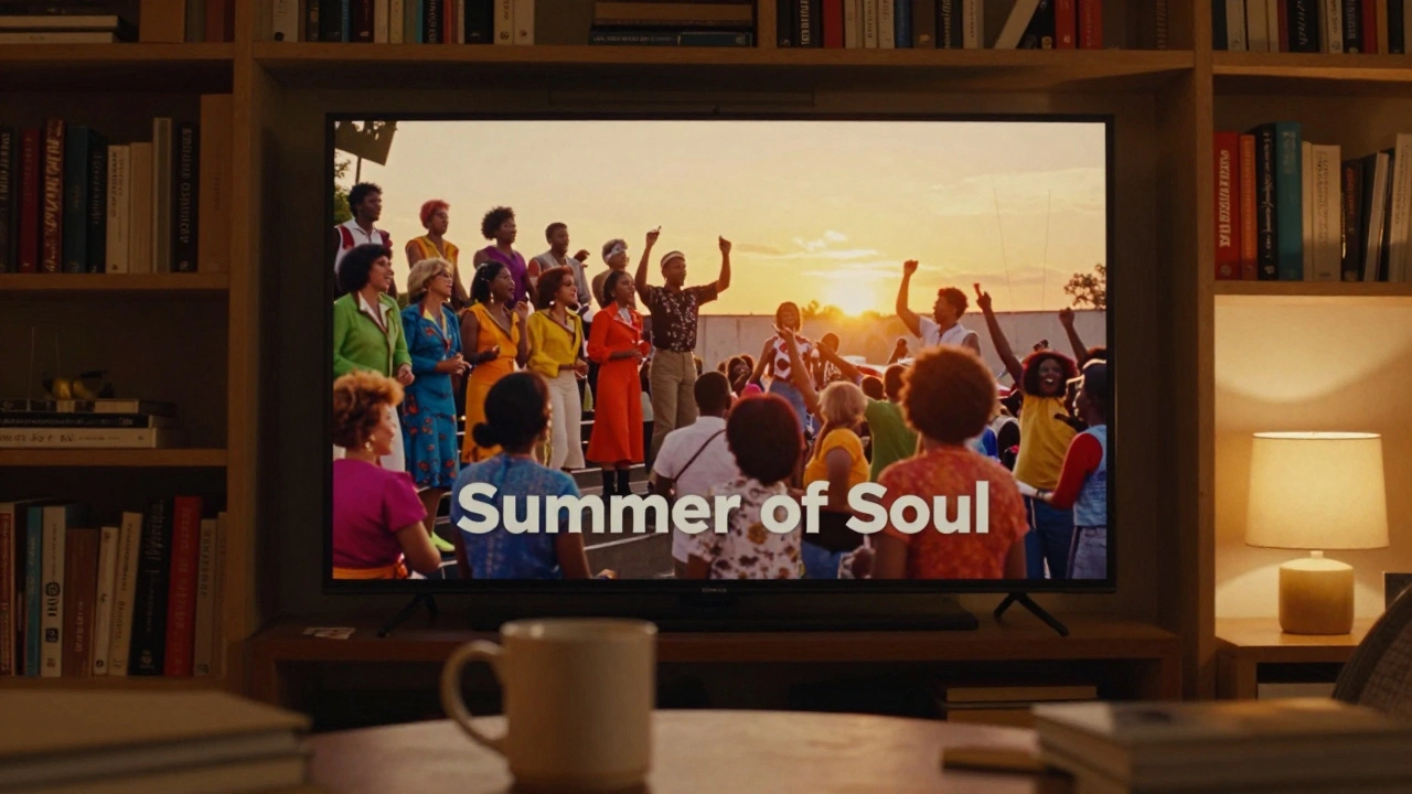 Someone watching Summer of Soul on a screen, capturing a vibrant 1960s music festival with a joyful choir.