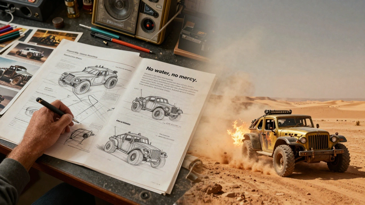 Split image: George Miller sketching Mad Max concepts on left, the finished desert chase on right, with translucent story bible elements overlaying both.
