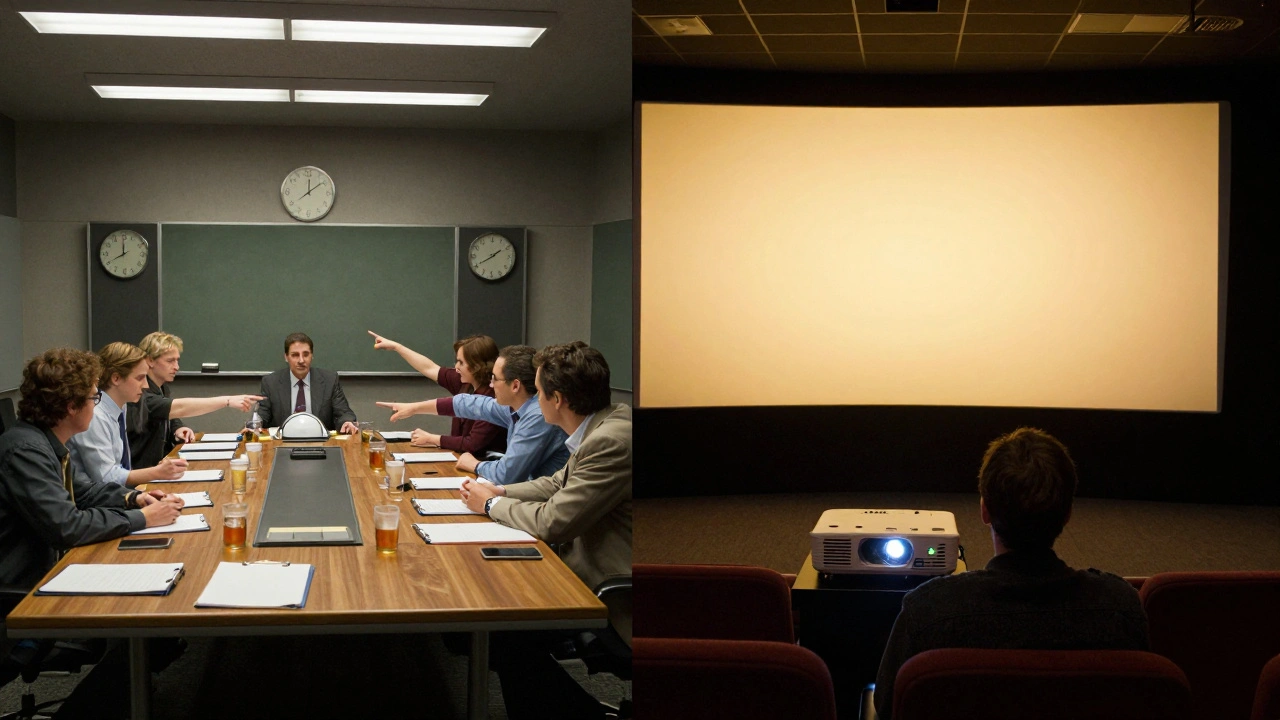 Split-screen: chaotic studio executives on one side, a filmmaker alone in a screening room on the other, symbolizing the shift in creative power.